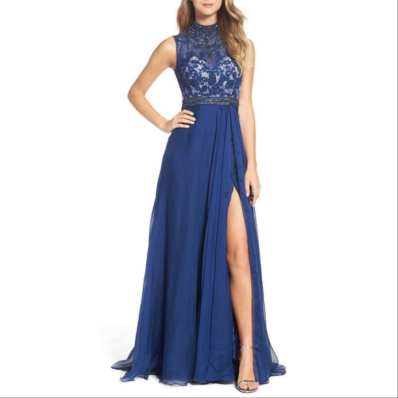 Mac Duggal 62383 Beaded Lace Hi Slit Chiffon Gown